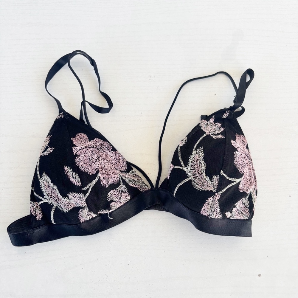 Express One Eleven Bralette Size S Black Pink Floral Embroidered Strappy Mesh - Picture 3 of 7